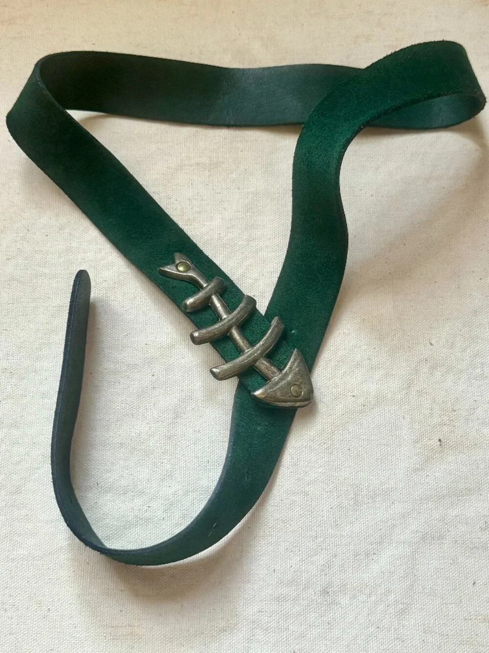 Vintage Handmade Green Leather Suede Belt with Fishbone Buckle
